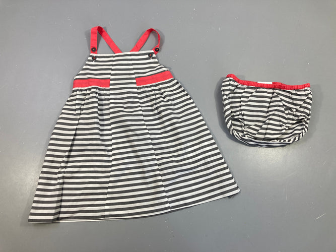 Robe bretelles rayé gris/blanc + bloomer, moins cher chez Petit Kiwi