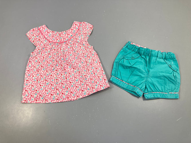 Blouse m.c pois rose/bleu + short turquoise, moins cher chez Petit Kiwi