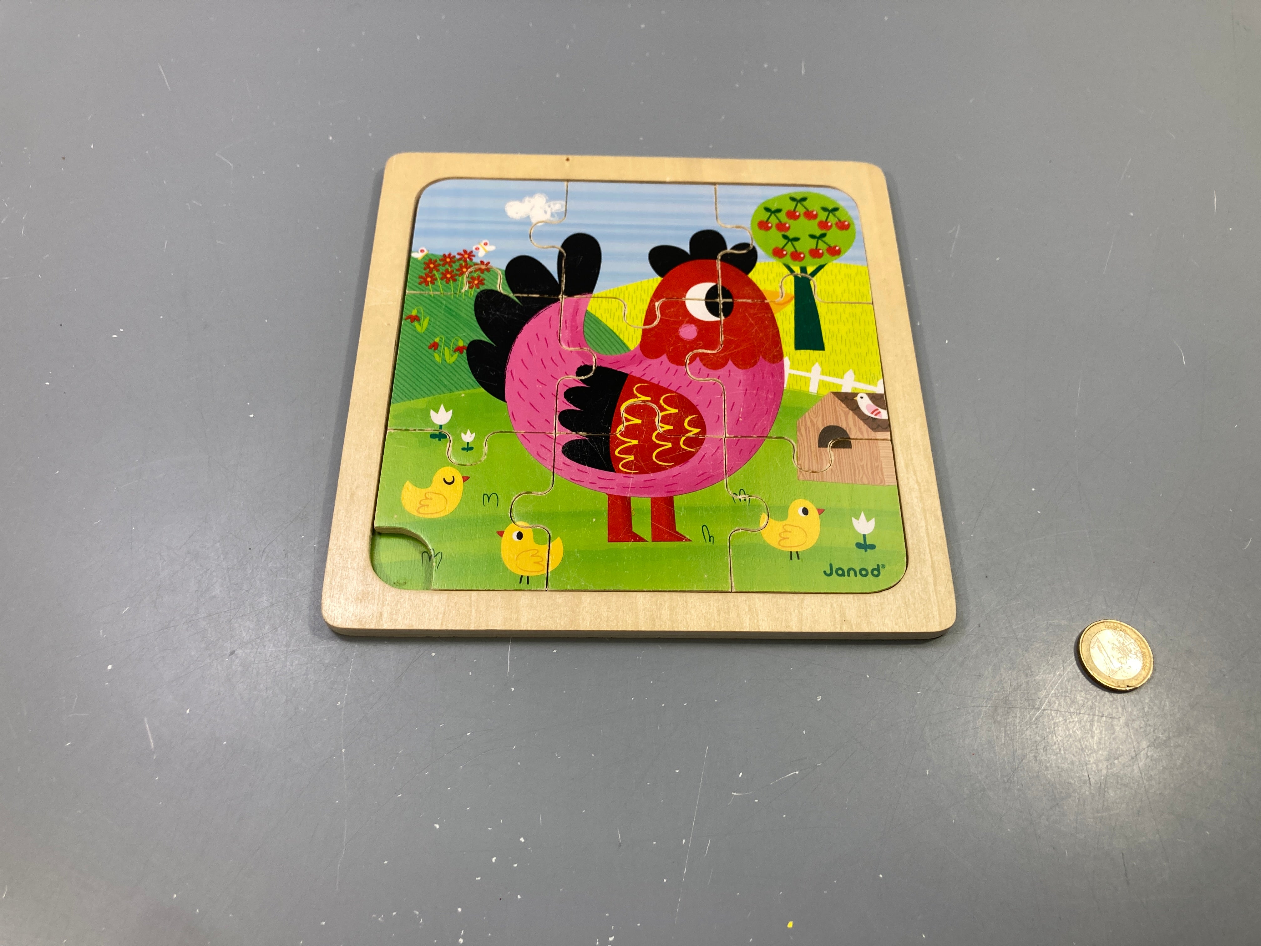 Puzzle en bois 9 pcs poule et poussins, Janod