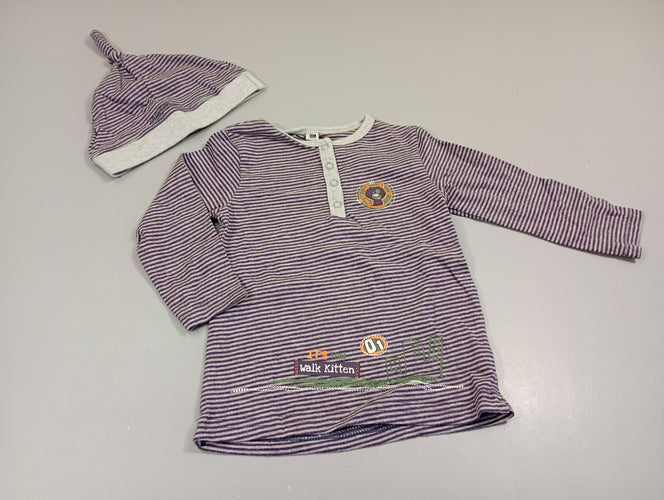 T-shirt m.l gris rayé mauve , tête de chat + bonnet jersey assorti Walk Kitten, moins cher chez Petit Kiwi