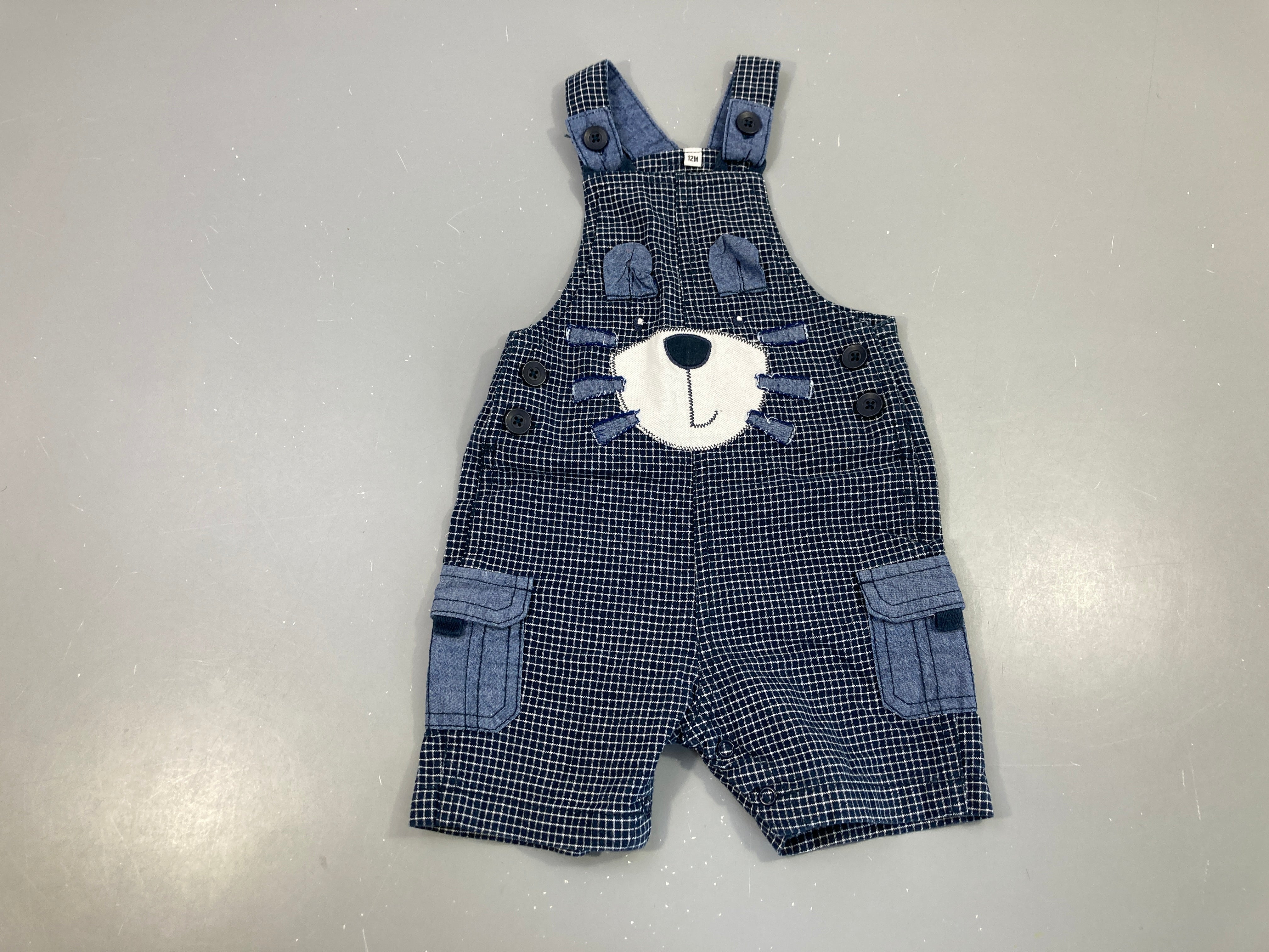 Salopette short carreaux bleu foncé visage animal