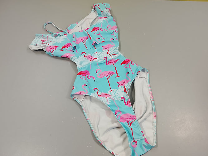 Maiilot bleu, flamants roses,dos nu. Pas de taille indiquée, estimée 14a, moins cher chez Petit Kiwi