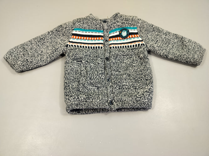 Gilet bleu marine chiné blanc motifs colorés, pinguoin , intérieur polar 60% coton 40% à carreauxylique Intérieur 100% coton, moins cher chez Petit Kiwi