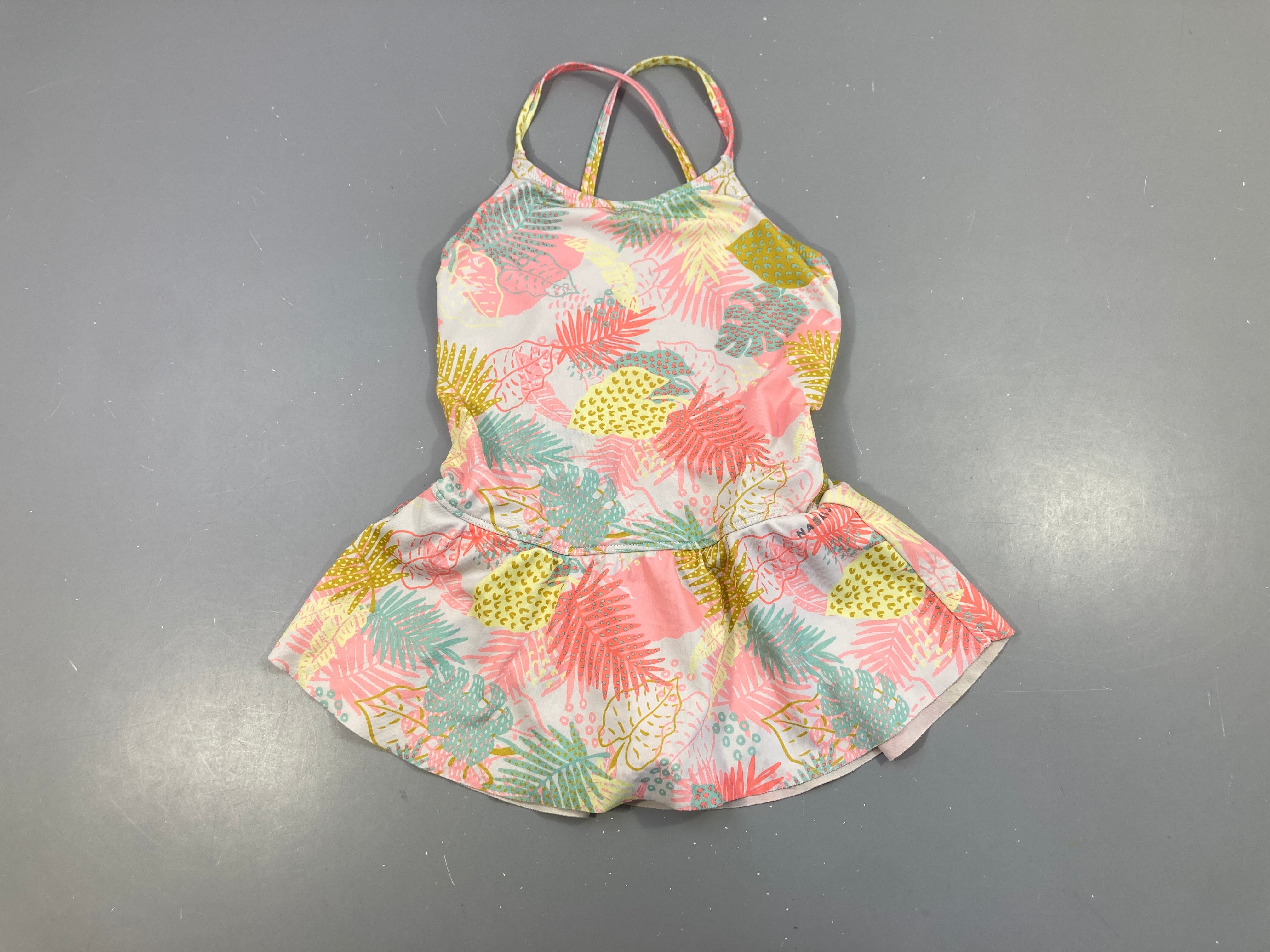 Maillot blanc grisé feuillage volants (taille estimée)