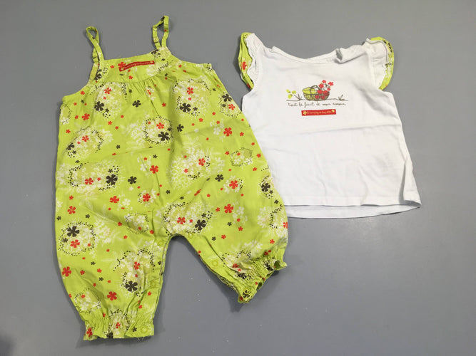 Combinaison fines bretelles anis fleurs + T-shirt m.c (offert car taché), moins cher chez Petit Kiwi