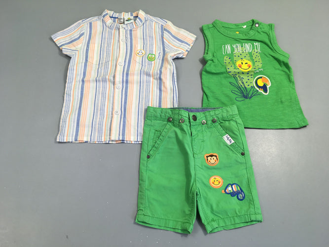 Chemise m.c blanc rayé + débardeur + bermuda vert cactus, moins cher chez Petit Kiwi