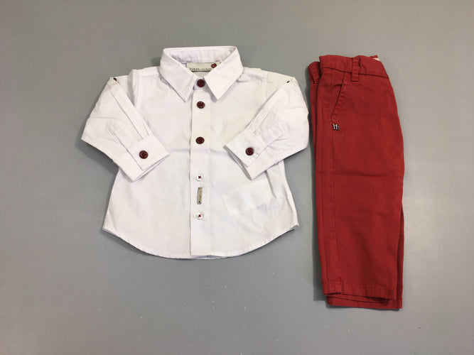 Chemise m.l blanc + Pantalon chino rouge, moins cher chez Petit Kiwi