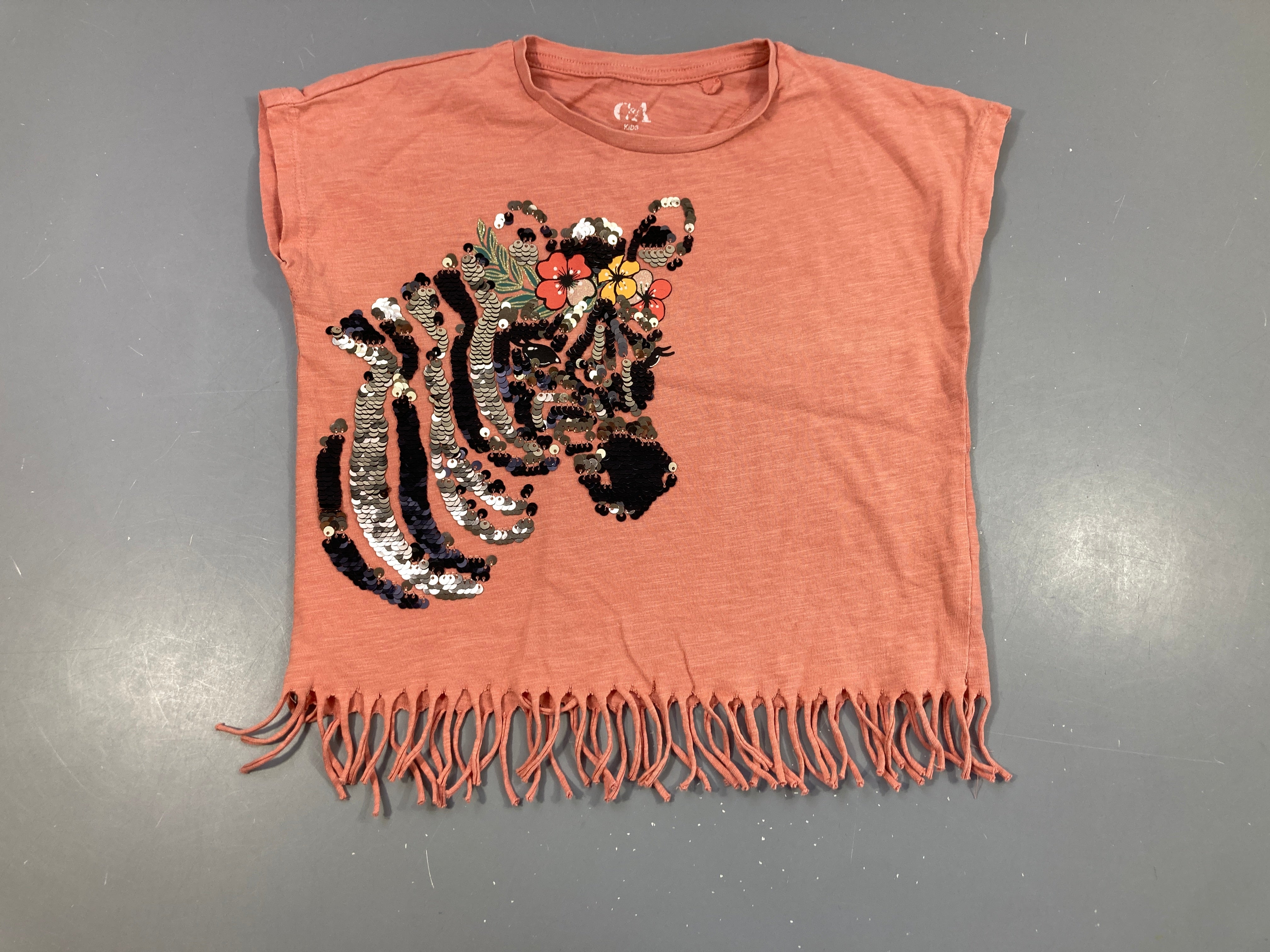 T-shirt m.c court orange flammé zèbres sequins réversibles bas floches