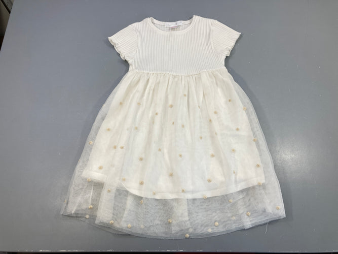 Robe m.c haut côtelé blanc, bas tulle broderies, moins cher chez Petit Kiwi
