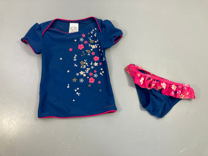 Tankini bleu foncé fleurs, moins cher chez Petit Kiwi