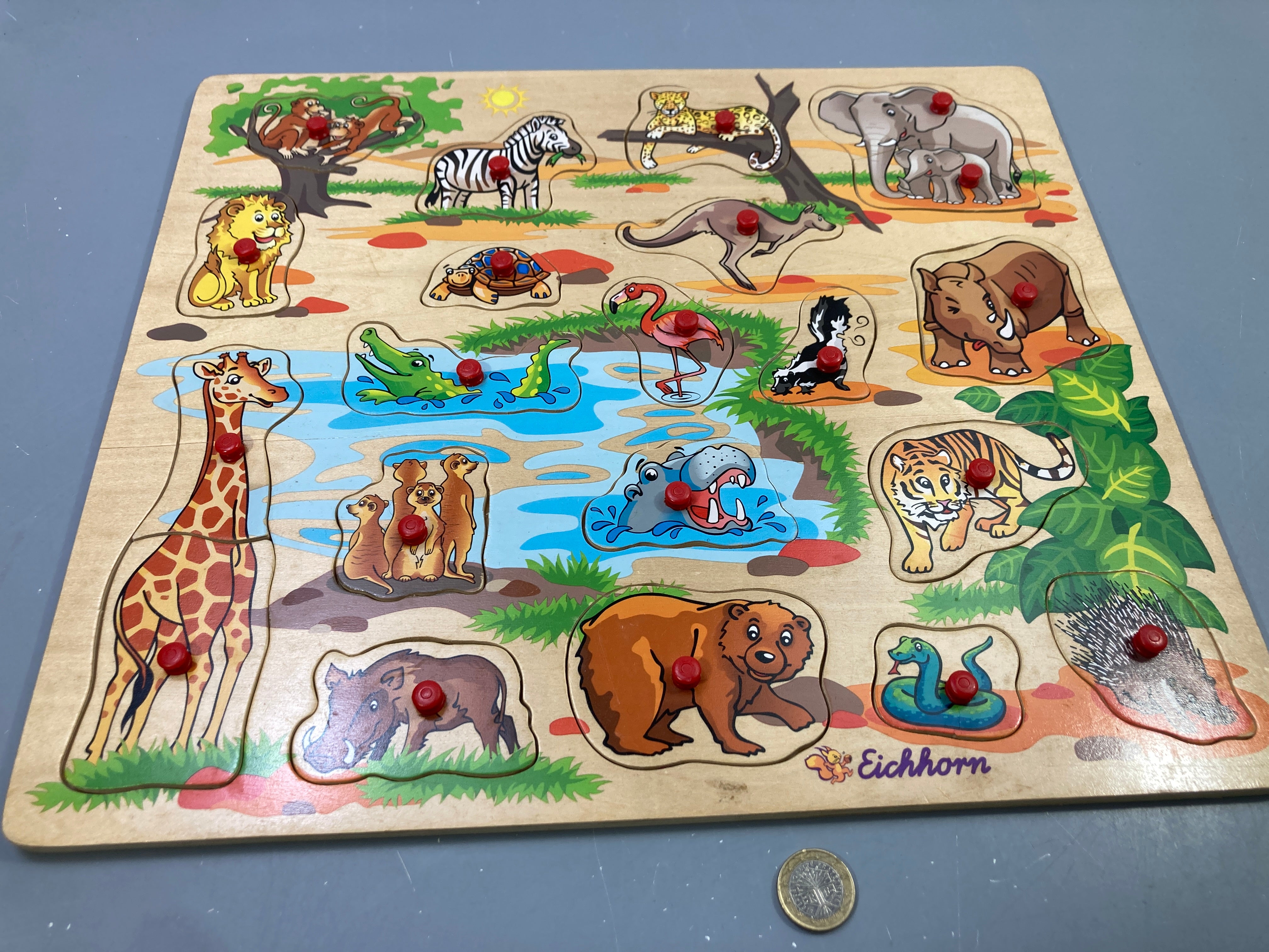 Puzzle en bois à boutons, animaux du zoo