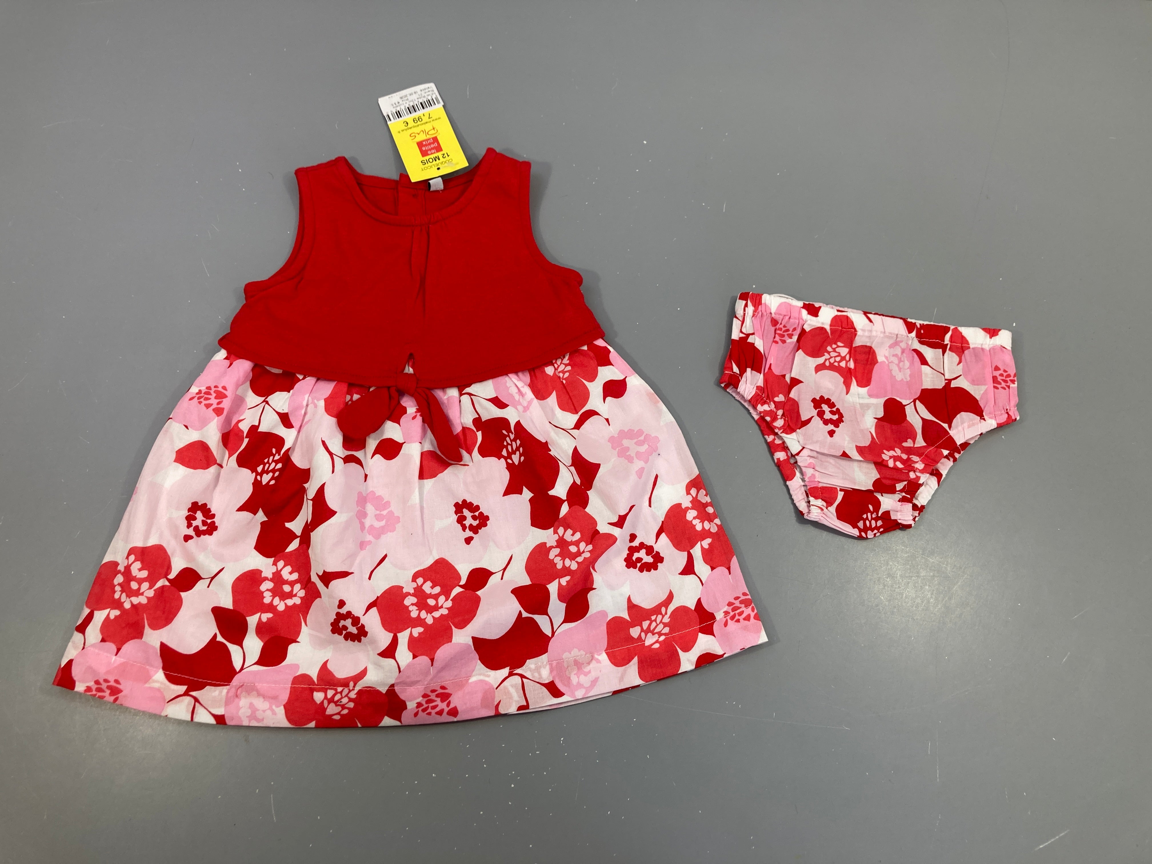 NEUF Robe s.m bi-matière rouge fleurs + culotte