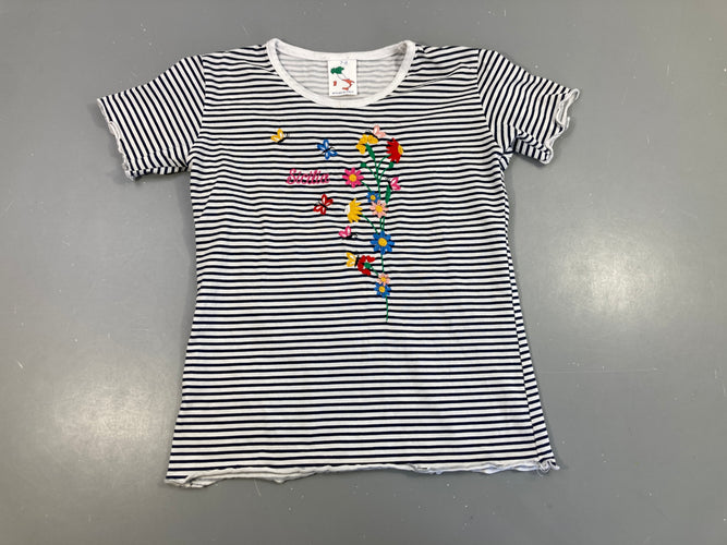 T-shirt m.c blanc rayé bleu fleurs brodées, moins cher chez Petit Kiwi