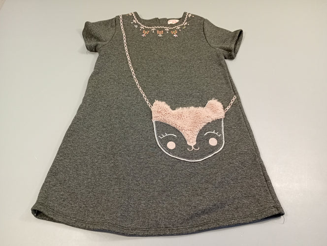 Robe m.c gris chiné avec fines paillettes, faux sac tête de renarde. Intérieur polar. Légèrement boulochée., moins cher chez Petit Kiwi