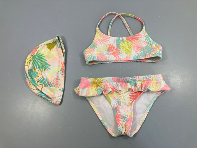 Bikini blanc feuillages multicolores + bonnet, moins cher chez Petit Kiwi