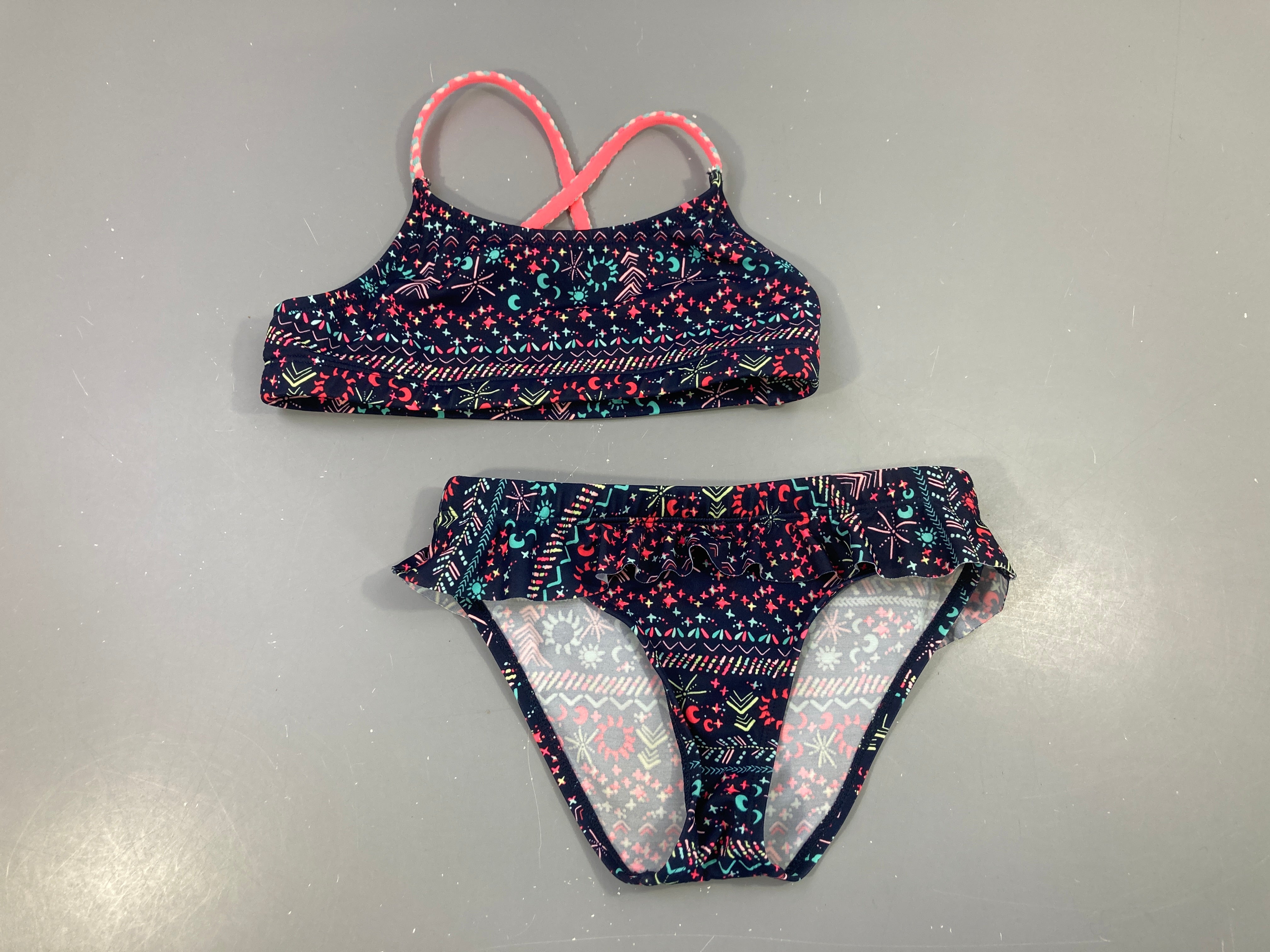 Bikini bleu foncé volant motifs rose bleu