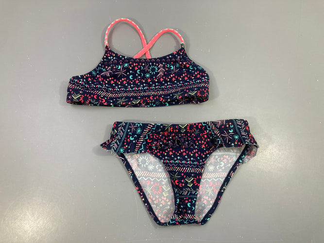 Bikini bleu foncé volant motifs rose bleu, moins cher chez Petit Kiwi