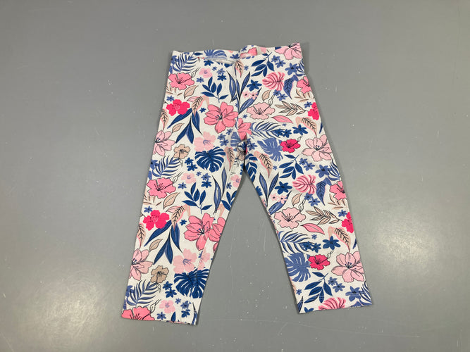 Legging 3/4 blanc flammé fleuri rose feuilles bleues, moins cher chez Petit Kiwi