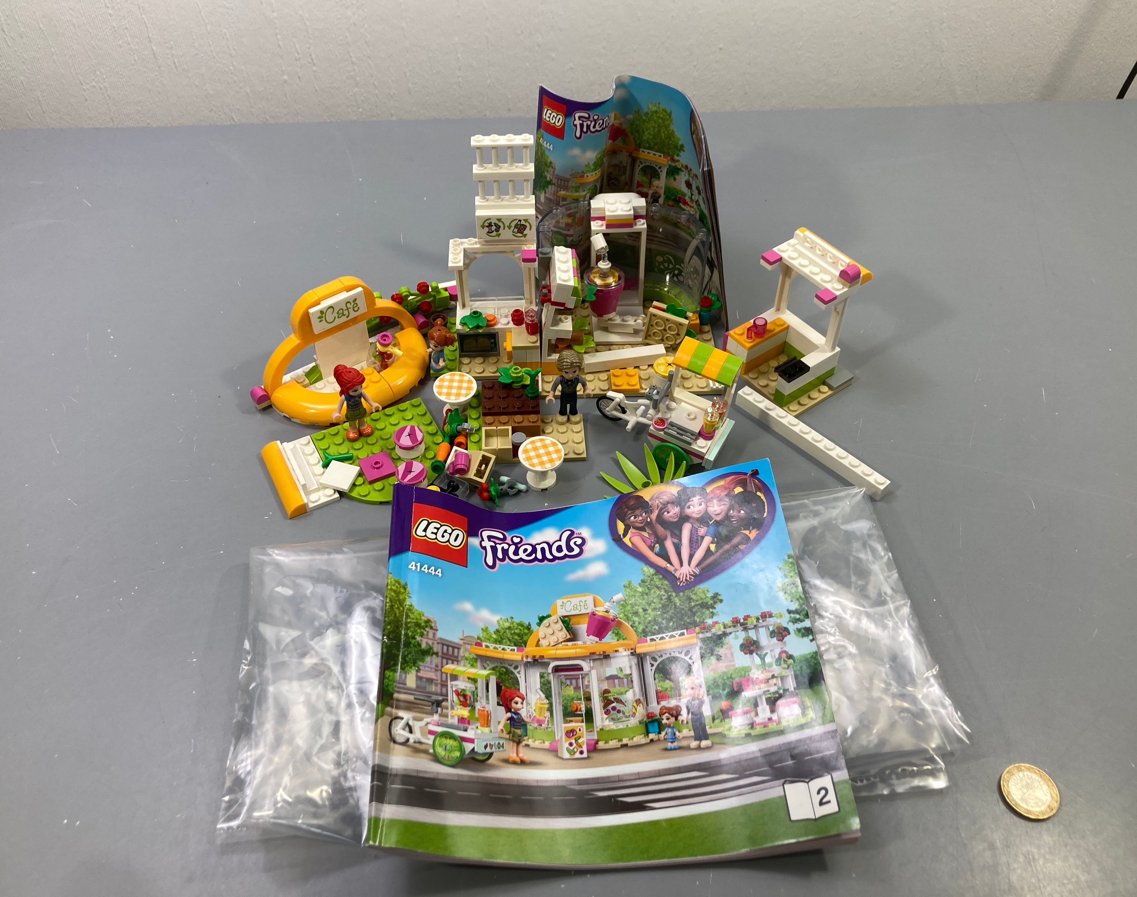 Lego Friends 41444 café bio de Heartlake City, vélo-stand, figurines, avec notices Vendu en l'état tel que sur la photo