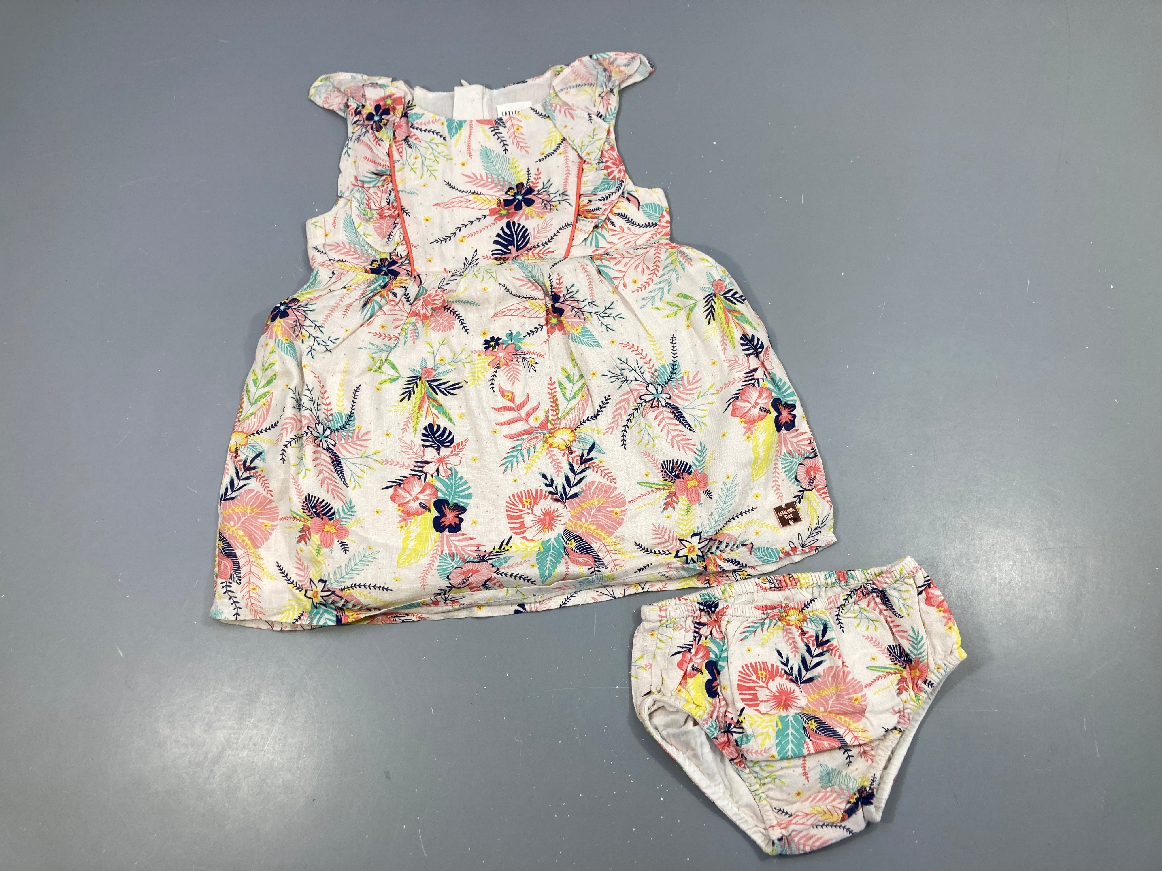 Robe s.m manche écru fleuillage-fleurs bleu-vieux rose corail + Bloomer