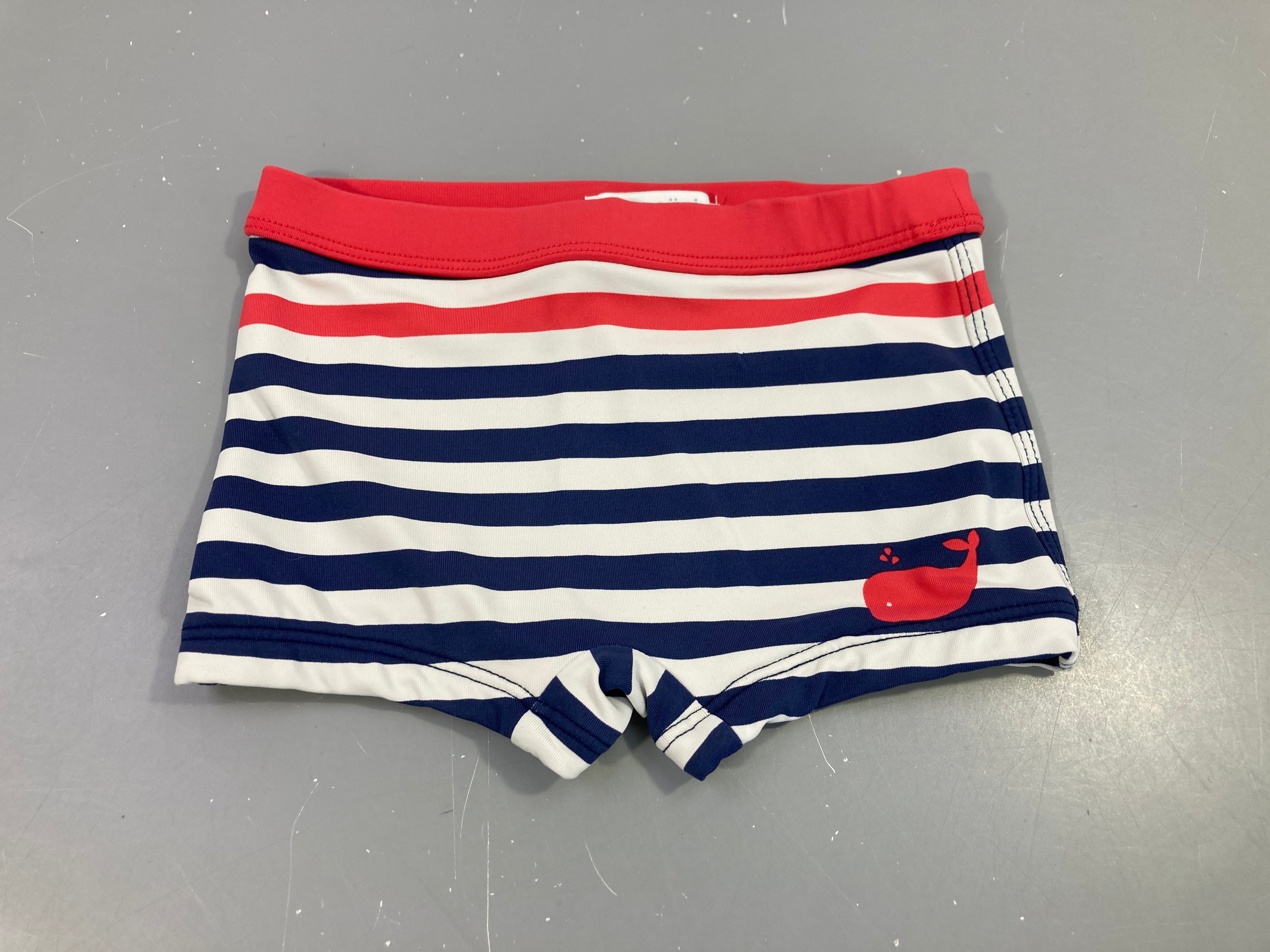 Maillot boxer blanc rayé bleu-rouge baleine