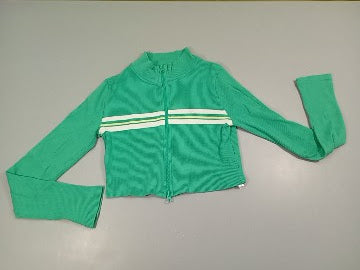 Gilet côtelé  court zippé  vert 2 rayures blanches, 1 jaune, moins cher chez Petit Kiwi
