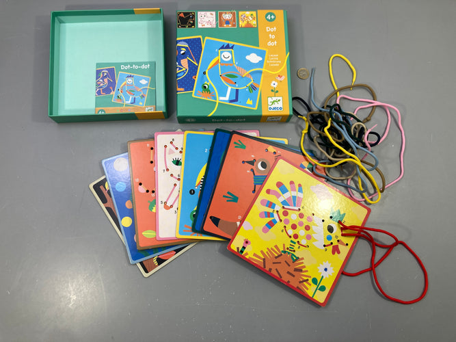 Jeu de laçage Dot to dot, cartes animaux à relier, lacets colorés, boîte verte, moins cher chez Petit Kiwi