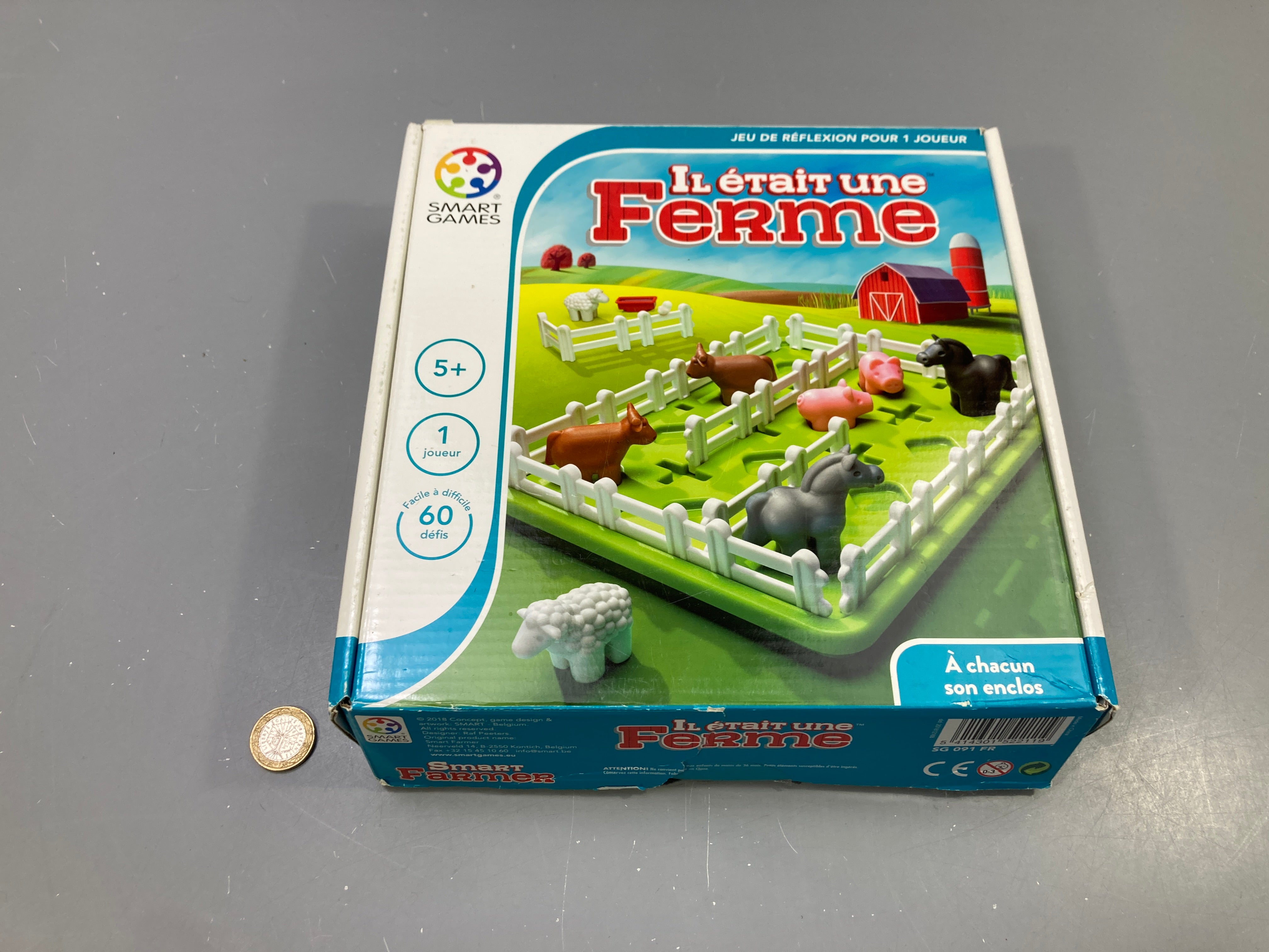 Jeu de réflexion Il était une ferme, 5 ans et +, 1 joueur, 60 défis, Smart Games Boite un peu abimée sur 1 coté