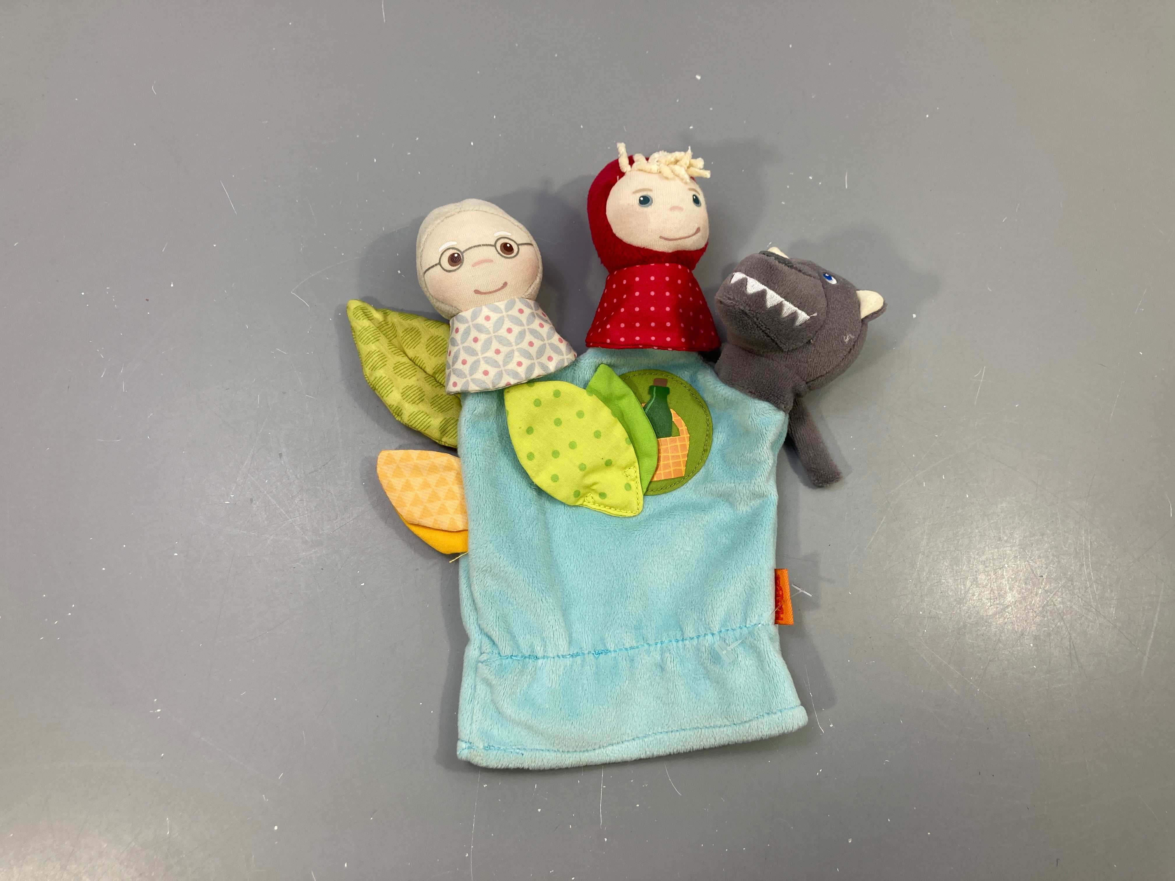 Marionnette à main bleu ciel Petit Chaperon rouge avec grand-mère et loup