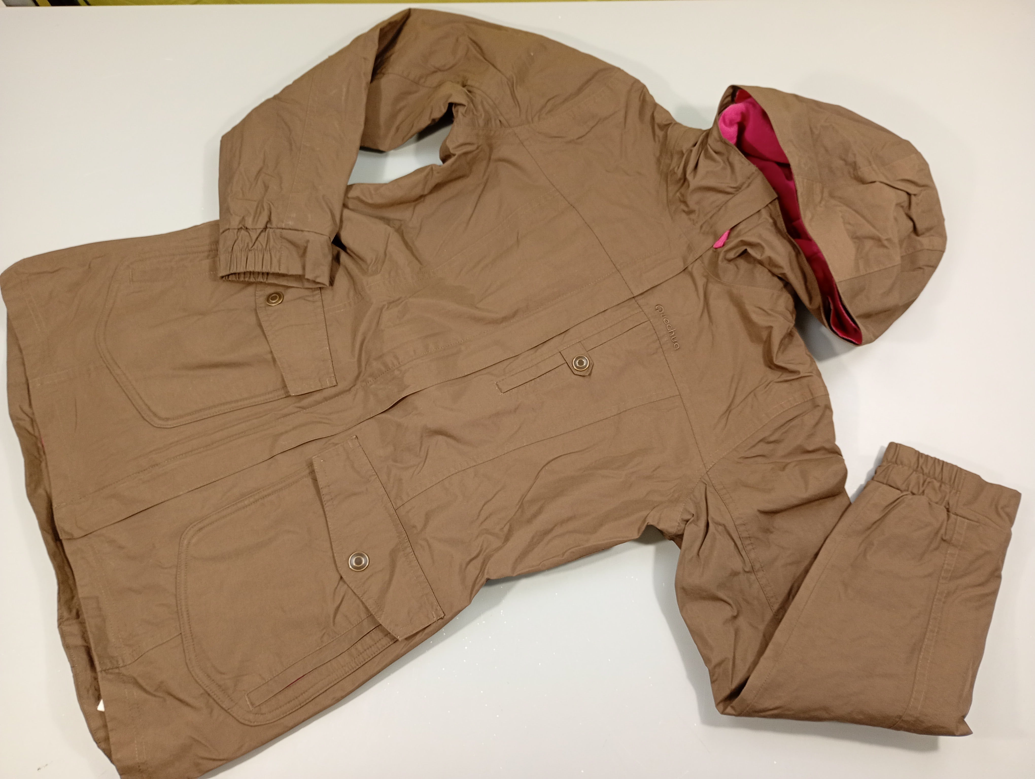 Manteau  2en 1 zippé  brun  à capuche, intérieur gilet polar rose ammovible