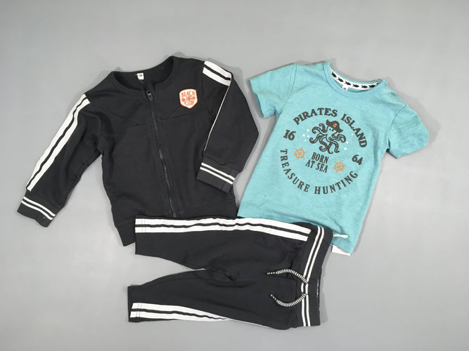 Neuf-Ensemble Sweat zippé léger anthracite bandes blanchees + T-shirt m.c vert + Pantalon Beach, moins cher chez Petit Kiwi