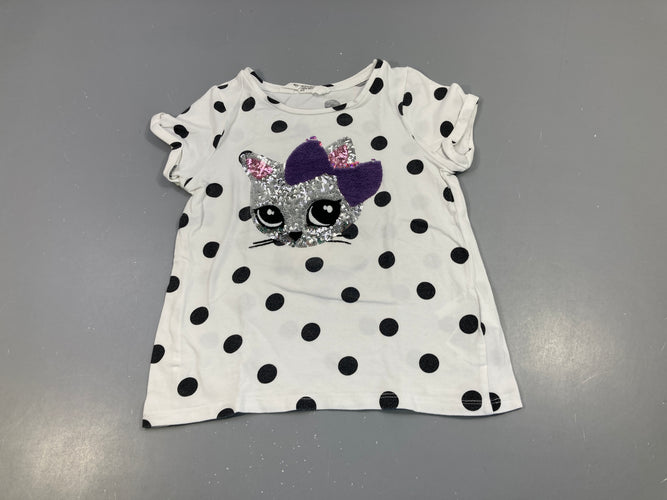 T-shirt m.c blanc pois noir chat sequins réversibles, légèrement bouloché, moins cher chez Petit Kiwi