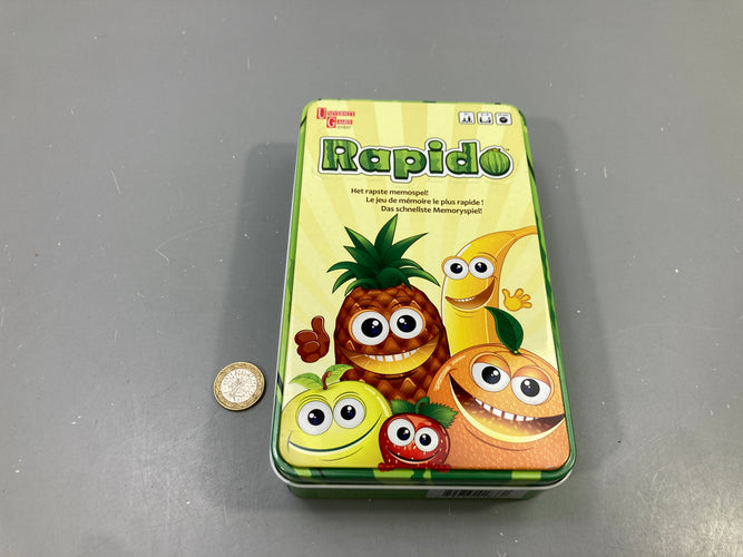 Jeu Rapido, mémoire rapide fruits, boîte métal, University Games (Manque 1 rond), moins cher chez Petit Kiwi