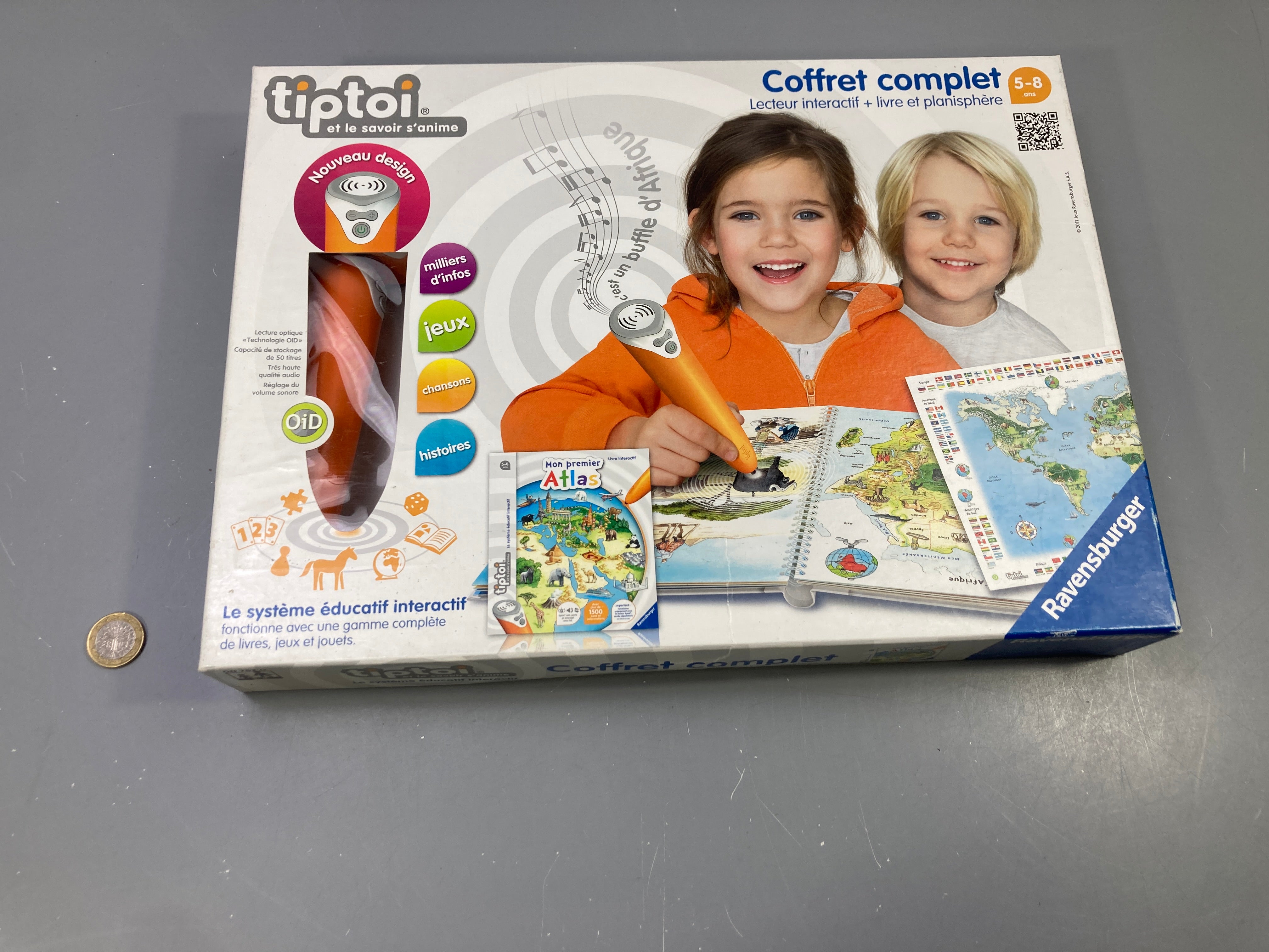 Coffret Tiptoi lecteur interactif,(Manque le cable) livre Mon premier Atlas et planisphère, 5-8 ans