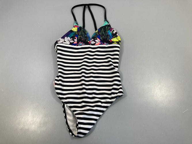 Maillot rayé blanc/noir fleurs, Olaian, moins cher chez Petit Kiwi