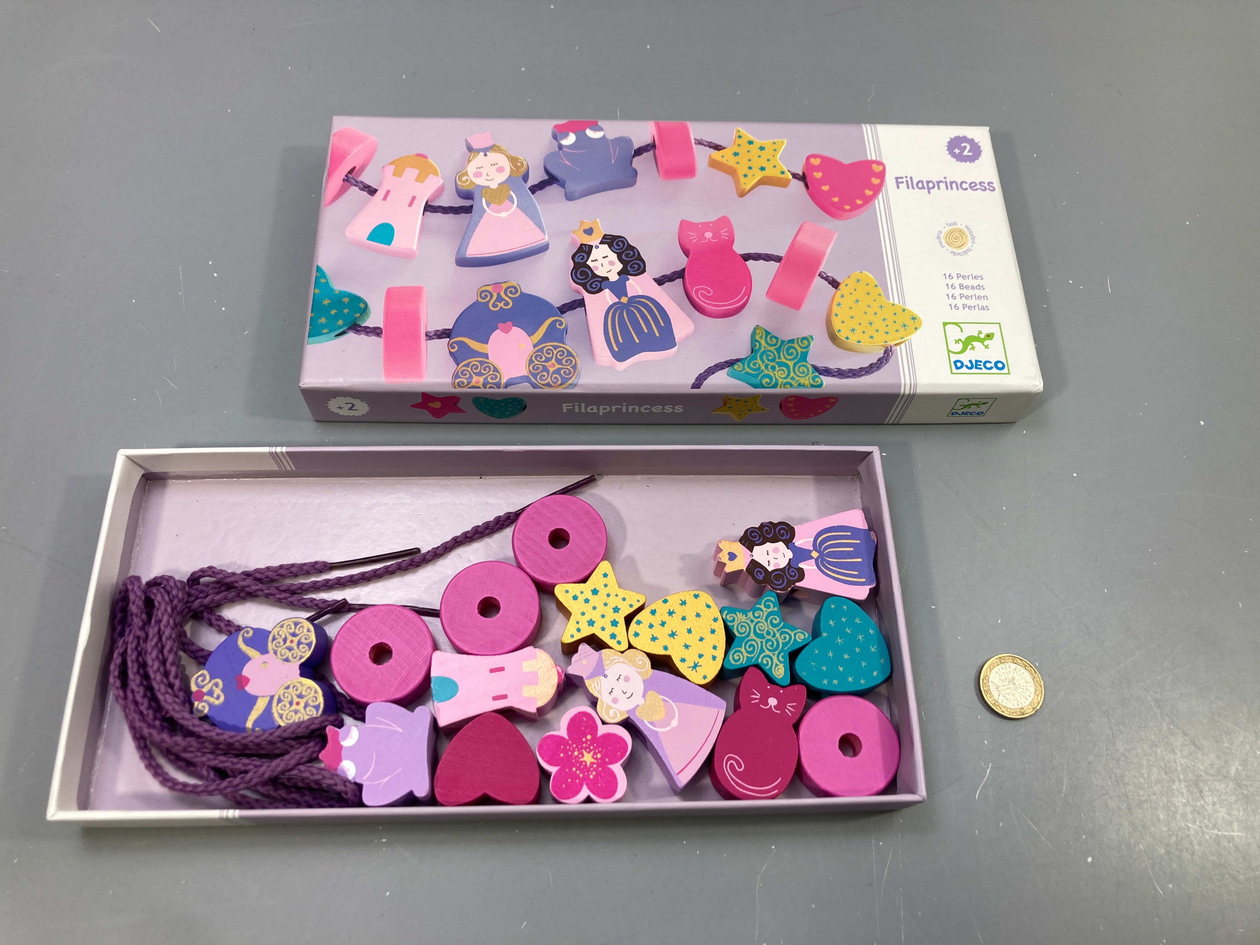 Jeu à enfiler Filaprincess, 16 perles en bois et lacets, 2+