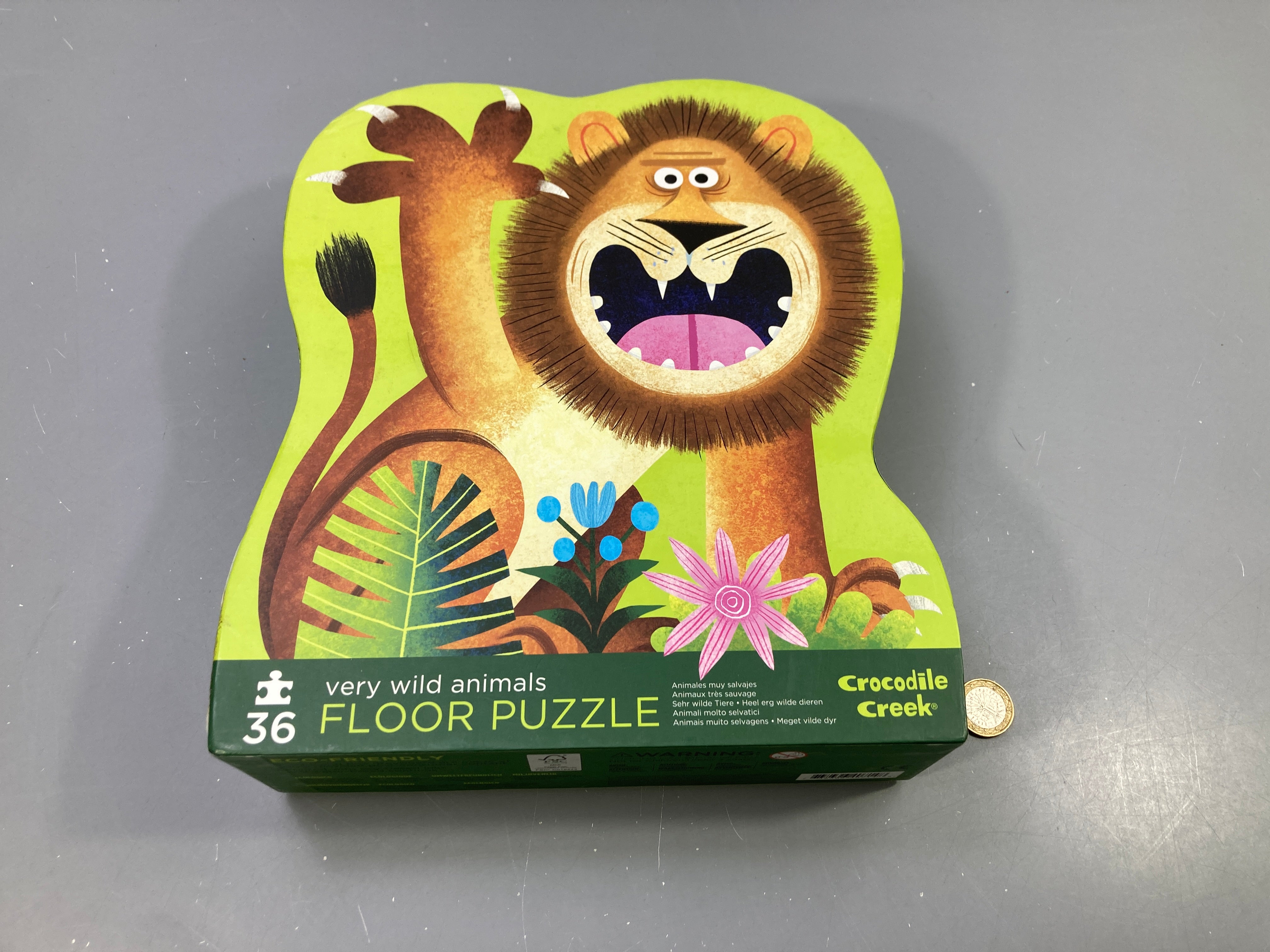 Puzzle de sol 36 pcs animaux sauvages lion, boîte forme, vert, Crocodile Creek