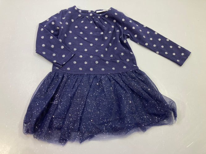Robe m.l dessus bleu marine  à pois argentés, dessous tulle bleu marine pailleté argenté, moins cher chez Petit Kiwi