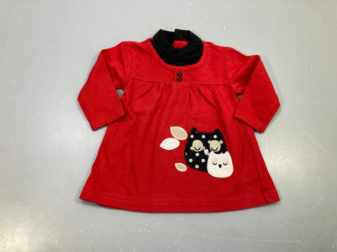 Robe m.l rouge col roulé noir, hiboux noir et blanc, moins cher chez Petit Kiwi