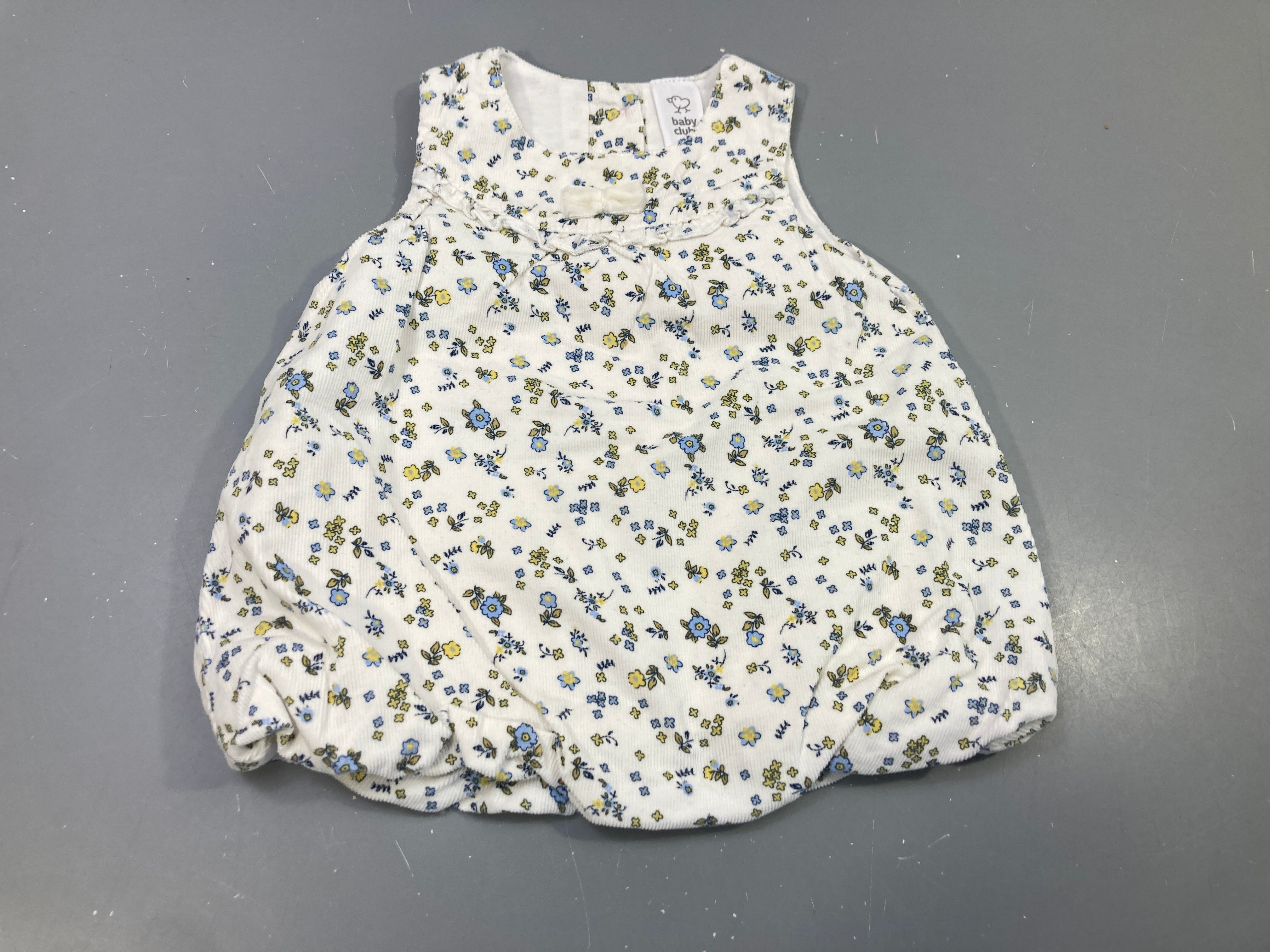Robe ballon s.m  en velours côtelé blanc motifs fleurs jaune et bleu