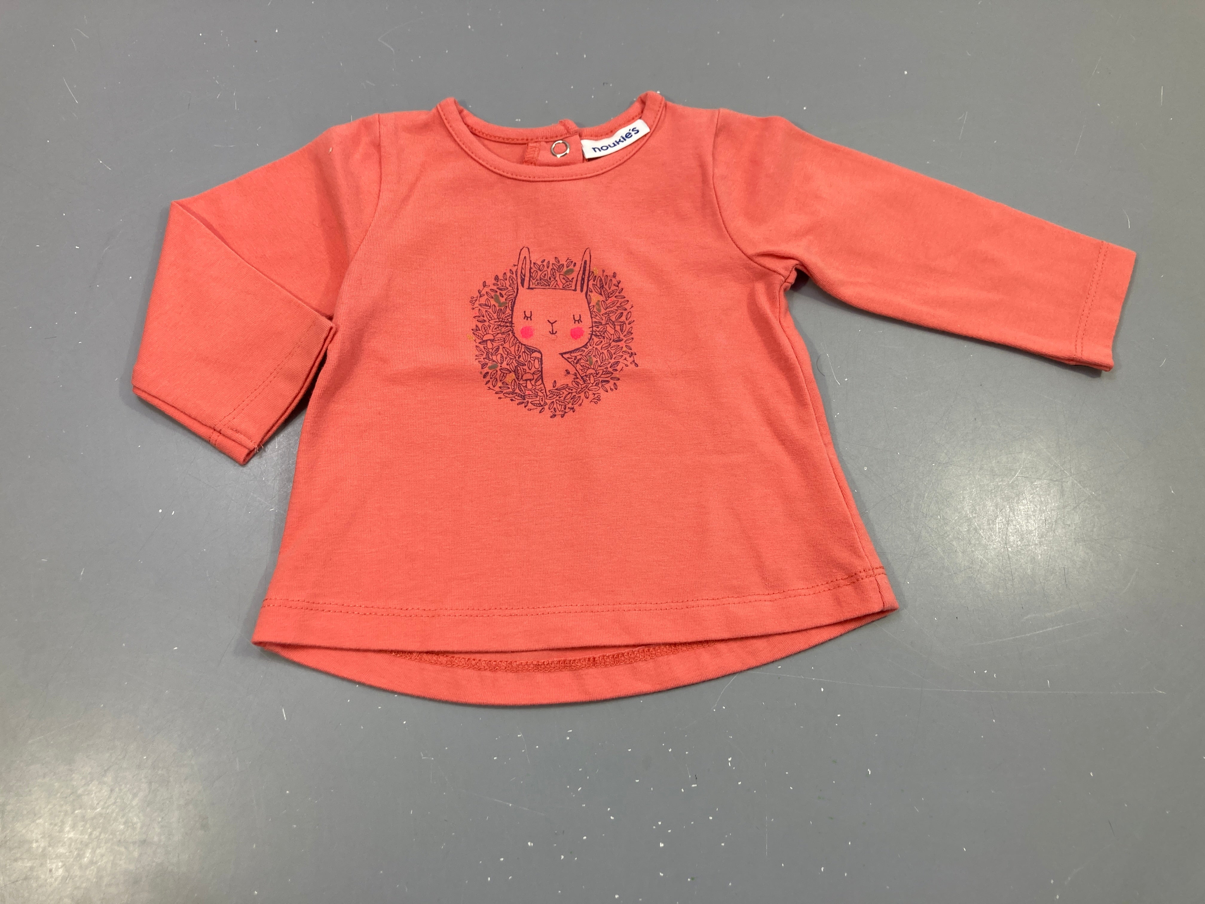 T-shirt m.l corail  motif lapin dans les feuilles