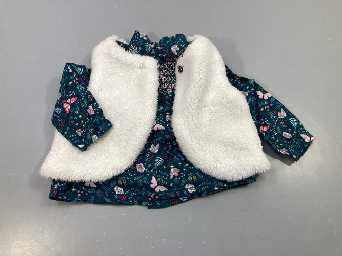 Ensemble blouse ml verte motifs papillons + gilet s.m peluche blanc  (petite tache , à relaver), moins cher chez Petit Kiwi