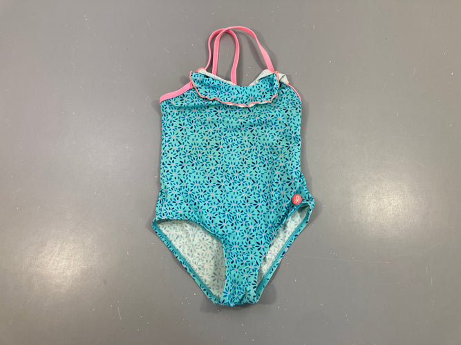 Maillot bleu fleurs, un peu bouloché, moins cher chez Petit Kiwi