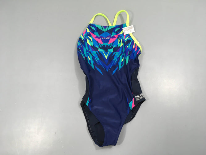 NEUF Maillot bleu foncé motifs multicolore, Nabaiji, Aqua resist, moins cher chez Petit Kiwi