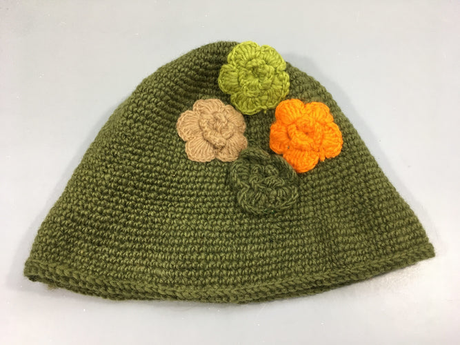 Bonnet mailles vertes fleurs, moins cher chez Petit Kiwi