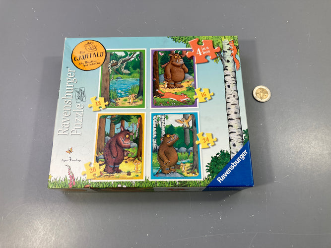 Complet, 4 puzzles The Gruffalo 12/16/20/ 24 pcs , Boîte légèrement abîmée, moins cher chez Petit Kiwi