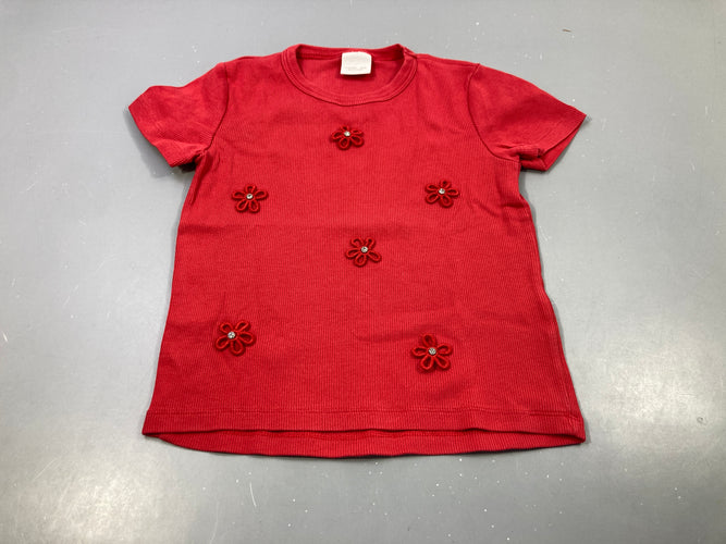 T-shirt m.c rouge côtelé motifs fleurs avec strass, moins cher chez Petit Kiwi