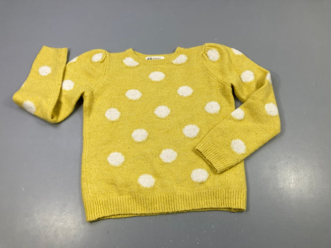 Pull jaune à pois blancs, légèrement bouloché, moins cher chez Petit Kiwi