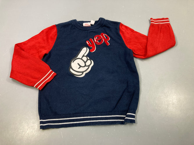 Pull bleu marine, rouge main  de Mickey "Yep", tache manche gauche, moins cher chez Petit Kiwi