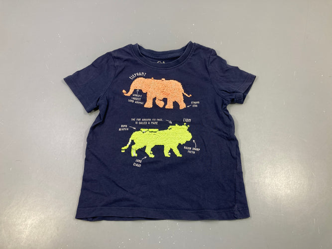 T-shirt m.c bleu marine , éléphant en séquins réversibles, moins cher chez Petit Kiwi